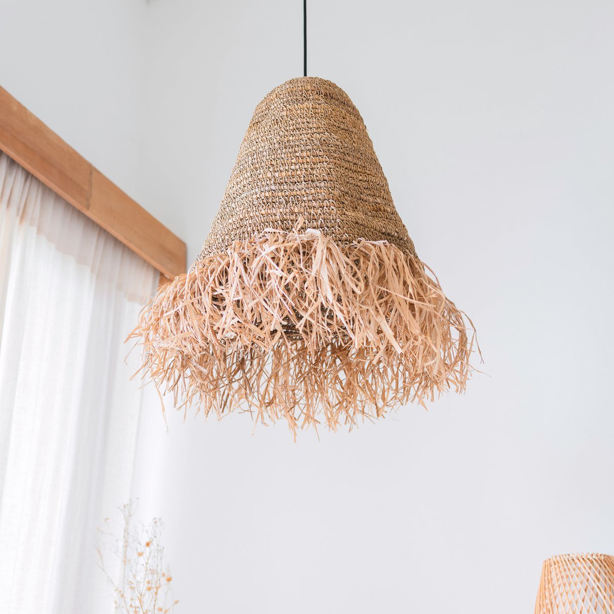 Raffia Boho Lampshade – Hanging Pendant Light with Long Fringes (3 sizes Ø 30/40/50 cm) KALIMA - LUXONAS HOME