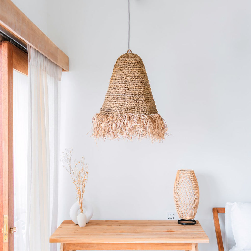 Raffia Boho Lampshade – Hanging Pendant Light with Long Fringes (3 sizes Ø 30/40/50 cm) KALIMA - LUXONAS HOME
