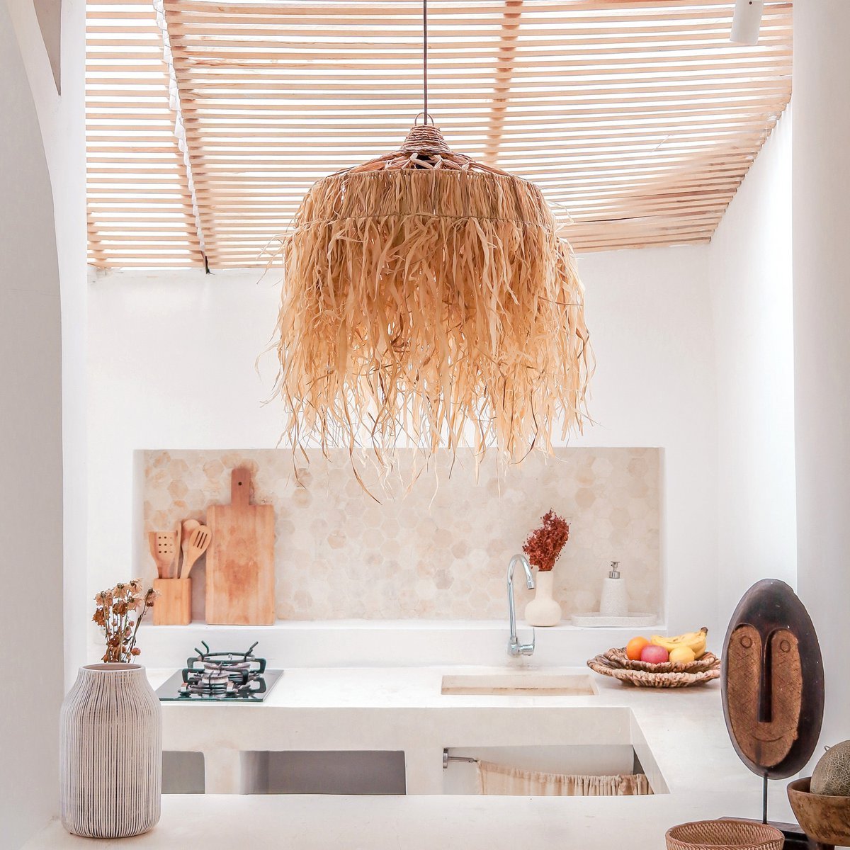 Raffia Lamp with Long Fringes | Lampshade | Pendant Lamp KAWI (2 sizes) - LUXONAS HOME