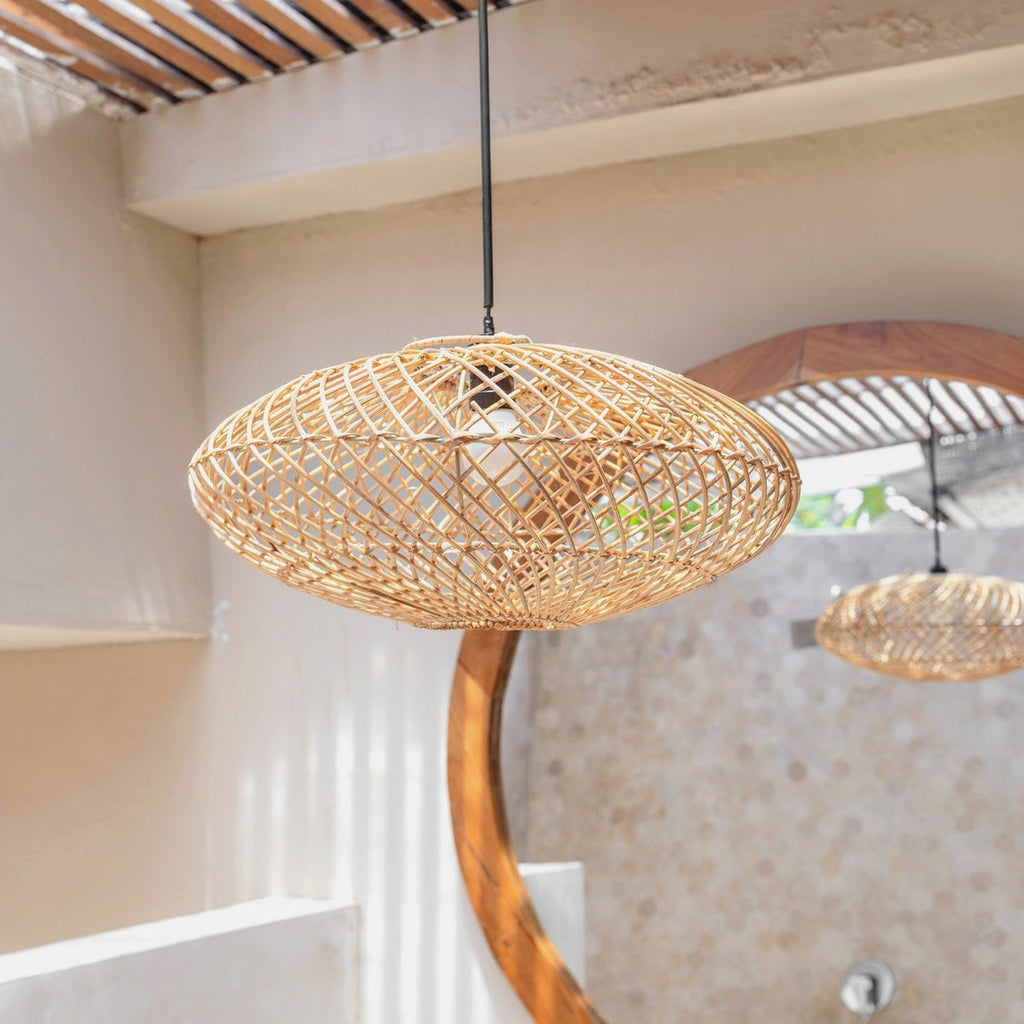 Rattan Lampshade – Boho Pendant Light – Natural Ceiling Lamp – Disc - shaped Lamp – Flat Hand - woven Ceiling Light (Ø 40 cm) ARANA - LUXONAS HOME