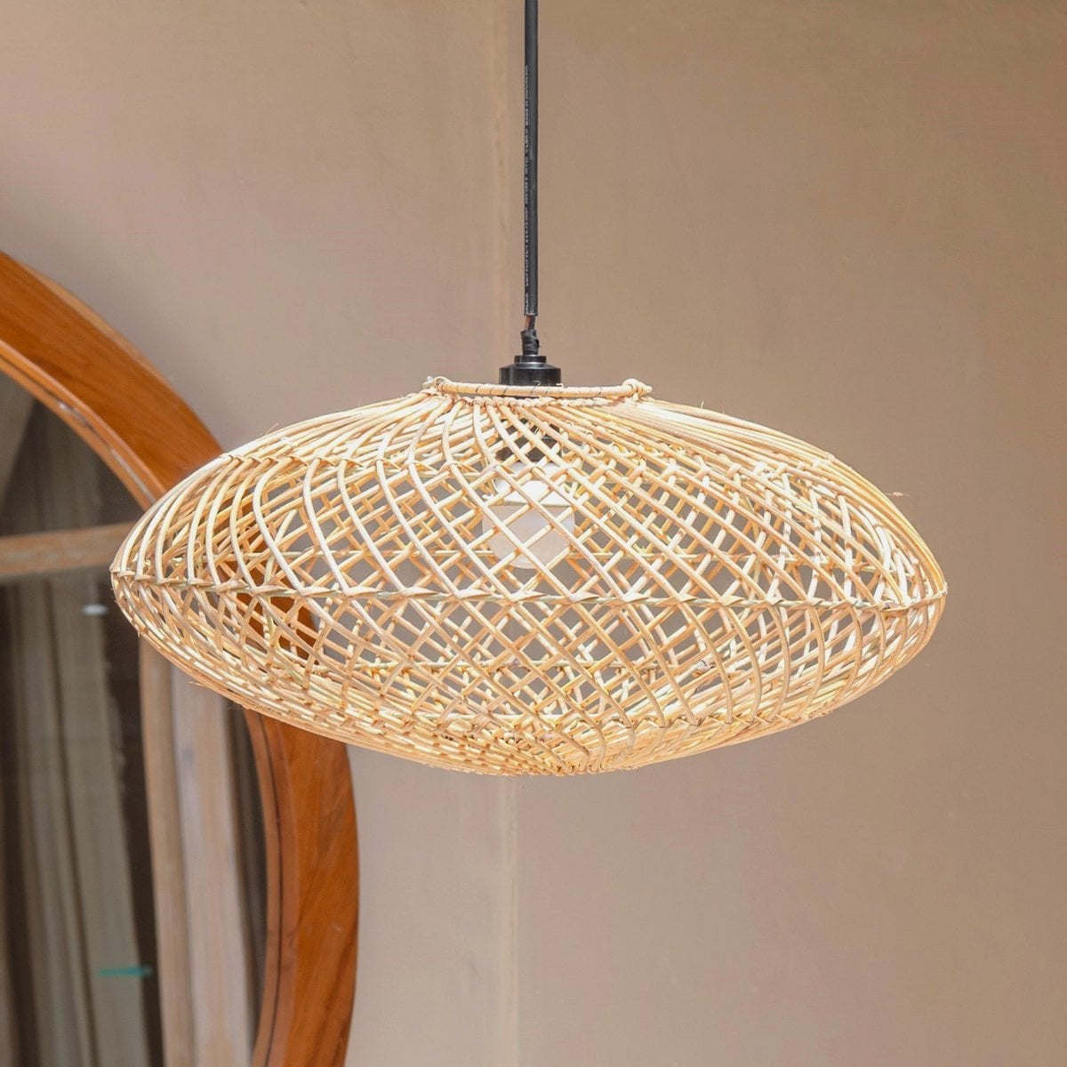 Rattan Lampshade – Boho Pendant Light – Natural Ceiling Lamp – Disc - shaped Lamp – Flat Hand - woven Ceiling Light (Ø 40 cm) ARANA - LUXONAS HOME