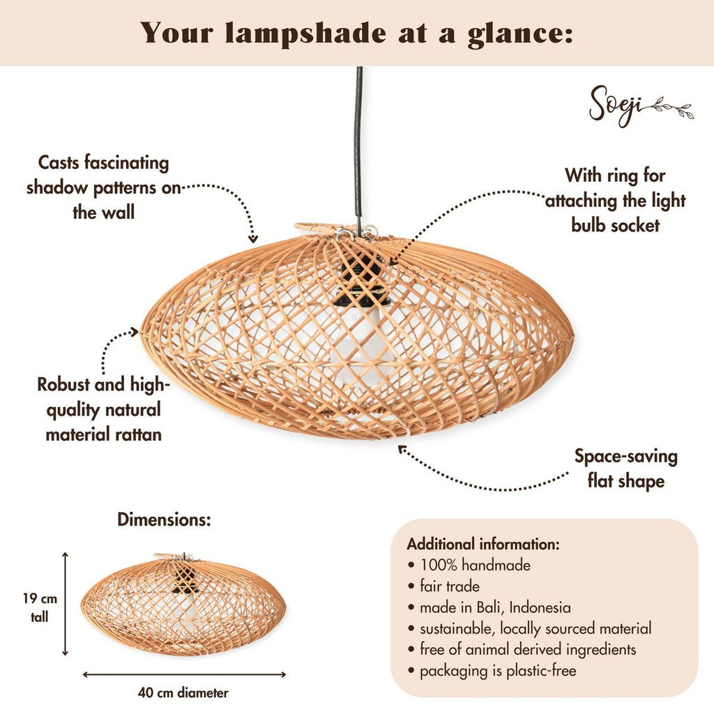 Rattan Lampshade – Boho Pendant Light – Natural Ceiling Lamp – Disc - shaped Lamp – Flat Hand - woven Ceiling Light (Ø 40 cm) ARANA - LUXONAS HOME