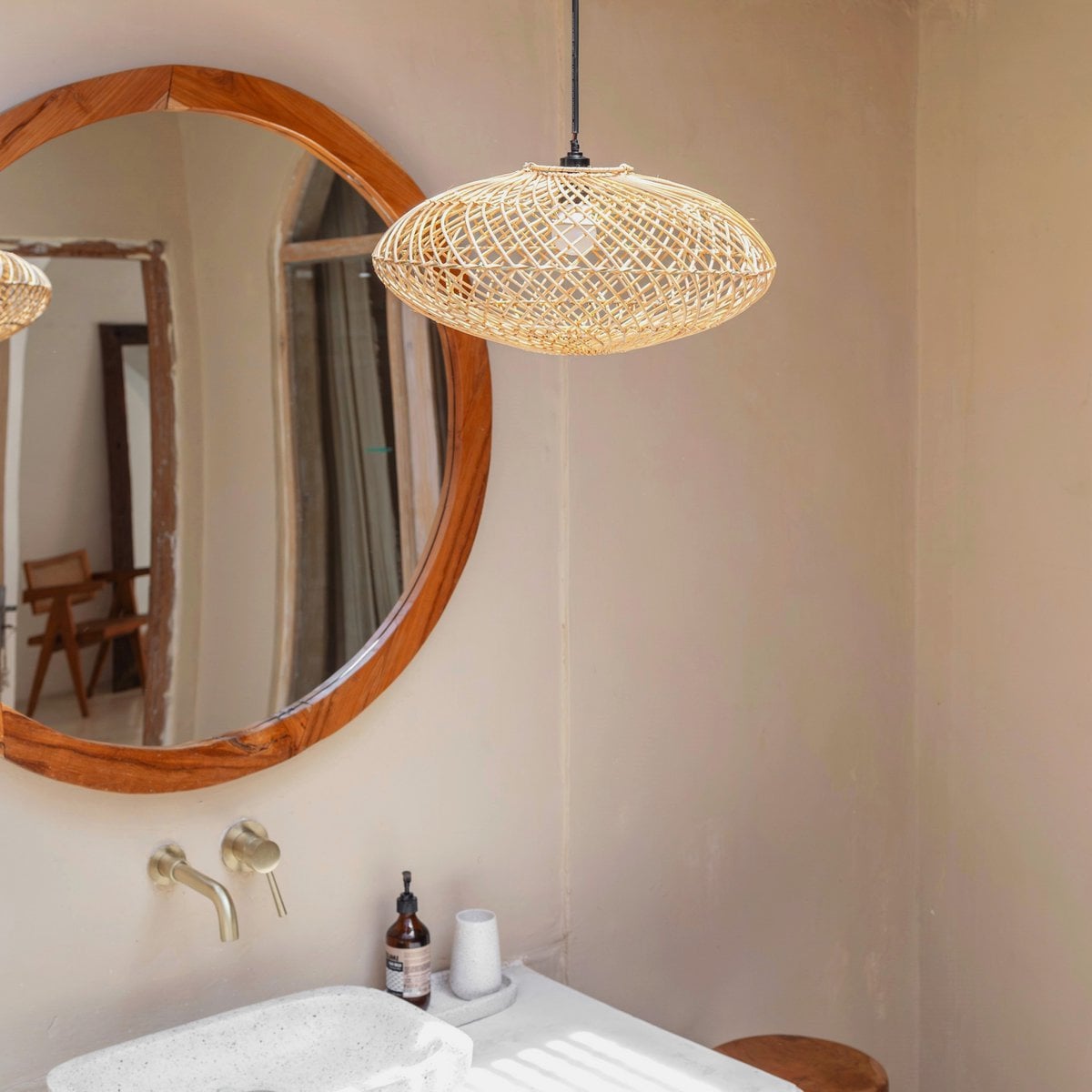 Rattan Lampshade – Boho Pendant Light – Natural Ceiling Lamp – Disc - shaped Lamp – Flat Hand - woven Ceiling Light (Ø 40 cm) ARANA - LUXONAS HOME