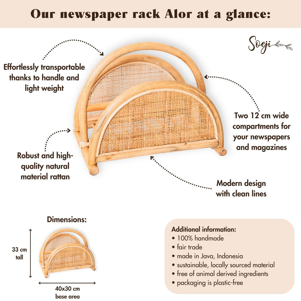 Rattan Newspaper Rack – Magazine Holder – Boho Newspaper Basket – Handmade Rattan Newspaper Holder ALOR - LUXONAS HOME