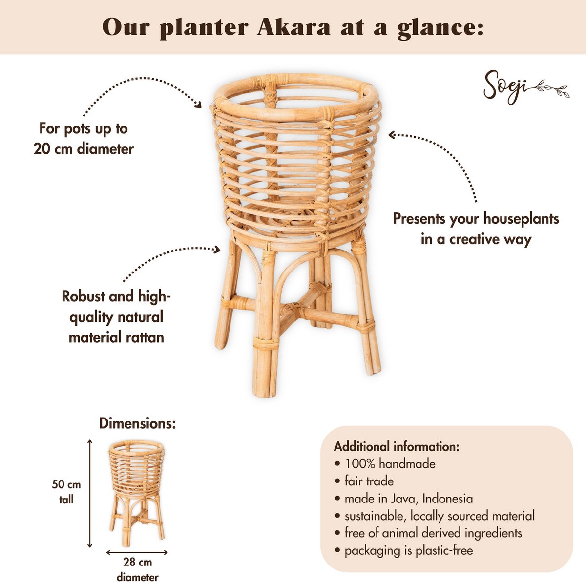 Rattan Plant Stand Round – Boho Planter – Rattan Plant Basket – Natural Flower Stand for Pots up to Ø20 cm AKARA - LUXONAS HOME