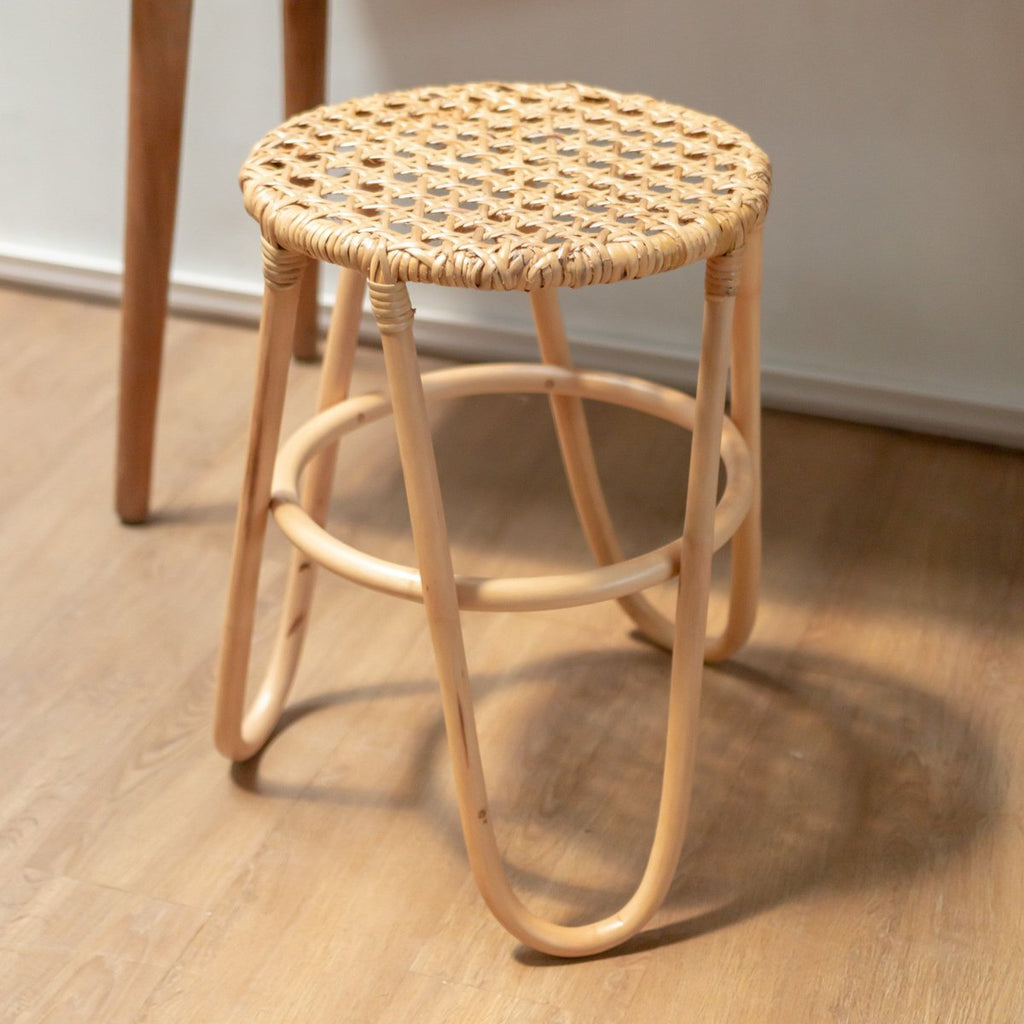 Rattan Stool KOLAKA Natural Ø35 cm with Woven Seating Surface | Three - Legged Small Round Stool - LUXONAS HOME