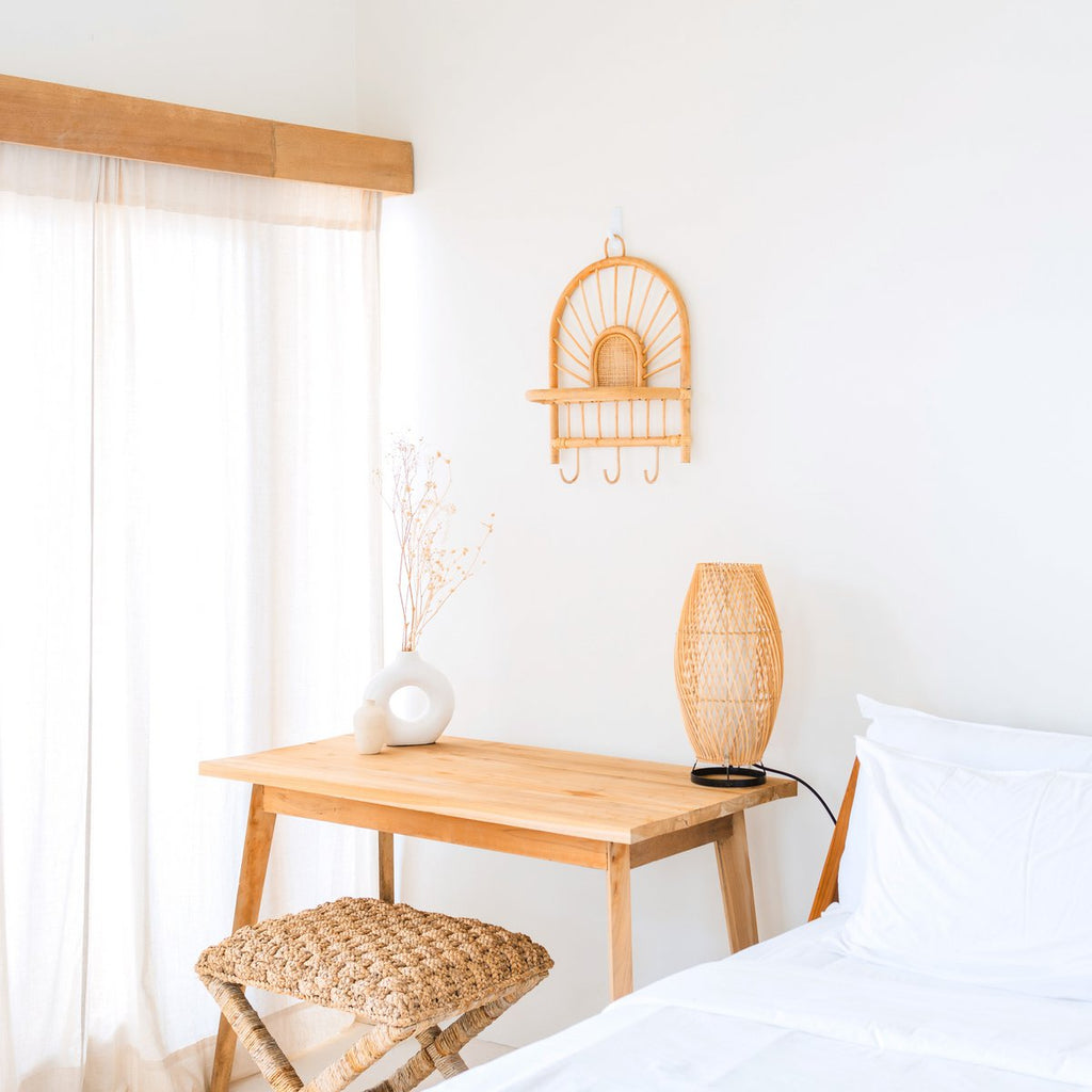 Rattan Wall Shelf – Small Boho Wall Shelf – Hanging Rattan Shelf – Coat or Key Hook – Handmade Shelf Made of Rattan (41x53 cm) BANTEN - LUXONAS HOME