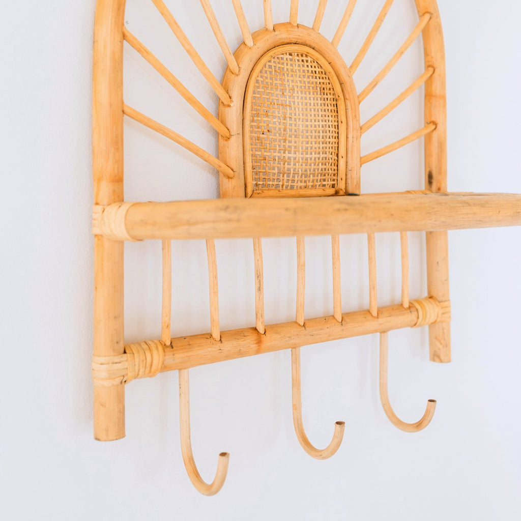 Rattan Wall Shelf – Small Boho Wall Shelf – Hanging Rattan Shelf – Coat or Key Hook – Handmade Shelf Made of Rattan (41x53 cm) BANTEN - LUXONAS HOME