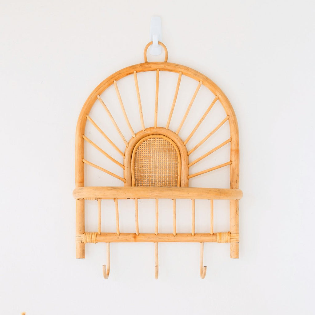 Rattan Wall Shelf – Small Boho Wall Shelf – Hanging Rattan Shelf – Coat or Key Hook – Handmade Shelf Made of Rattan (41x53 cm) BANTEN - LUXONAS HOME