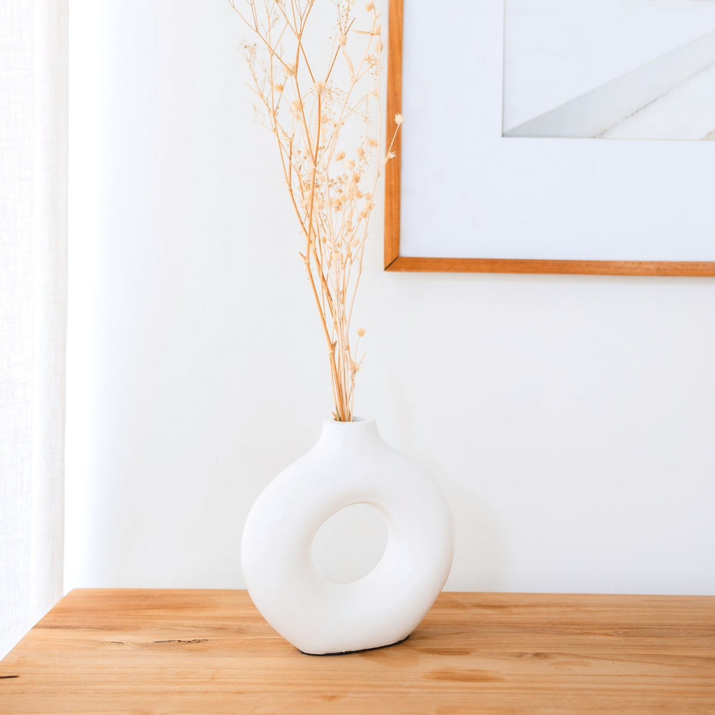 Ring - shaped White Vase – Handmade Clay Vase – Small Boho Vase for Dried Flowers – Decorative Windowsill, Shelf or Table Vase NUSA - LUXONAS HOME