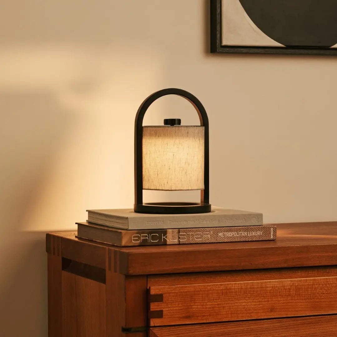 River Black & Grey Wooden Rechargeable Lamp | Linen Blend, Versatile & Up to 100 Hours of Battery Life - LUXONAS HOME