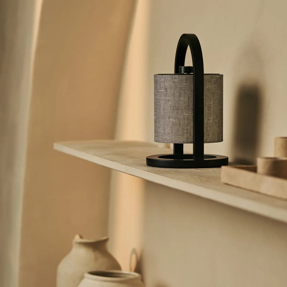 River Black & Grey Wooden Rechargeable Lamp | Linen Blend, Versatile & Up to 100 Hours of Battery Life - LUXONAS HOME
