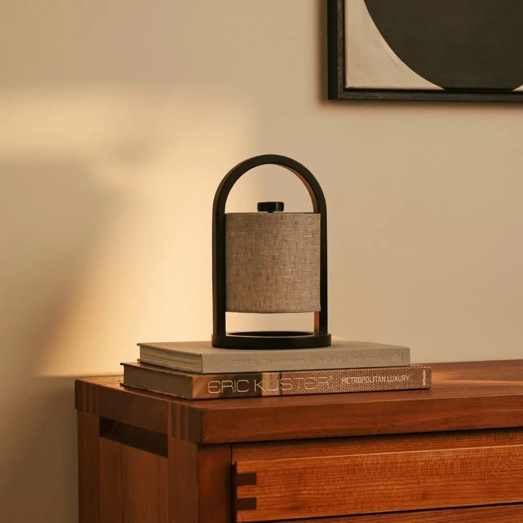 River Black & Grey Wooden Rechargeable Lamp | Linen Blend, Versatile & Up to 100 Hours of Battery Life - LUXONAS HOME