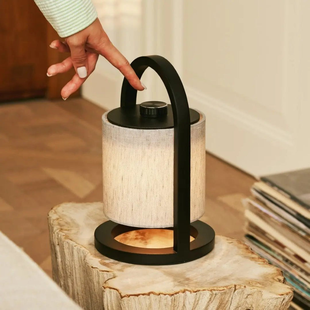 River Black & Grey Wooden Rechargeable Lamp | Linen Blend, Versatile & Up to 100 Hours of Battery Life - LUXONAS HOME