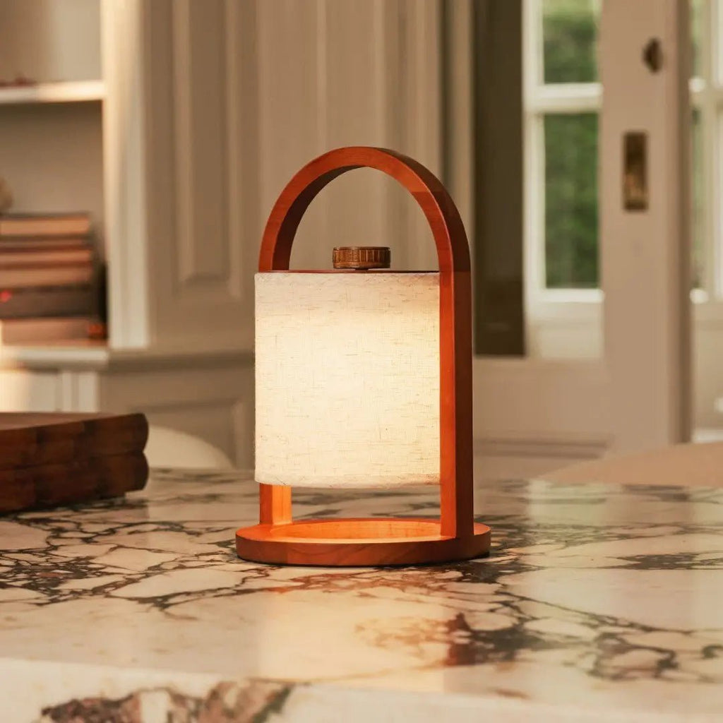 River Chestnut Brown Wooden Rechargeable Lamp | Linen Blend, Versatile & Up to 100 Hours of Battery Life - LUXONAS HOME