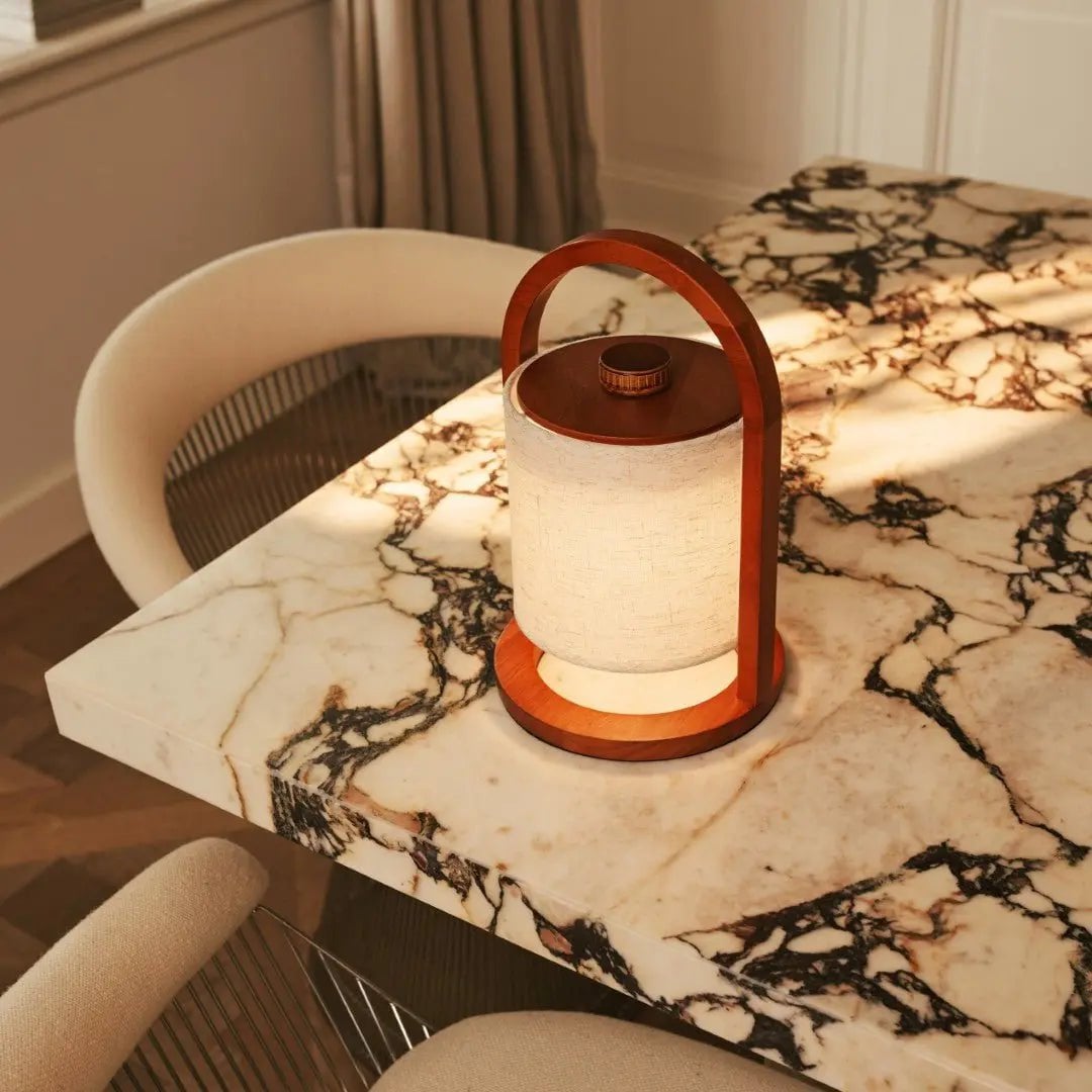 River Chestnut Brown Wooden Rechargeable Lamp | Linen Blend, Versatile & Up to 100 Hours of Battery Life - LUXONAS HOME