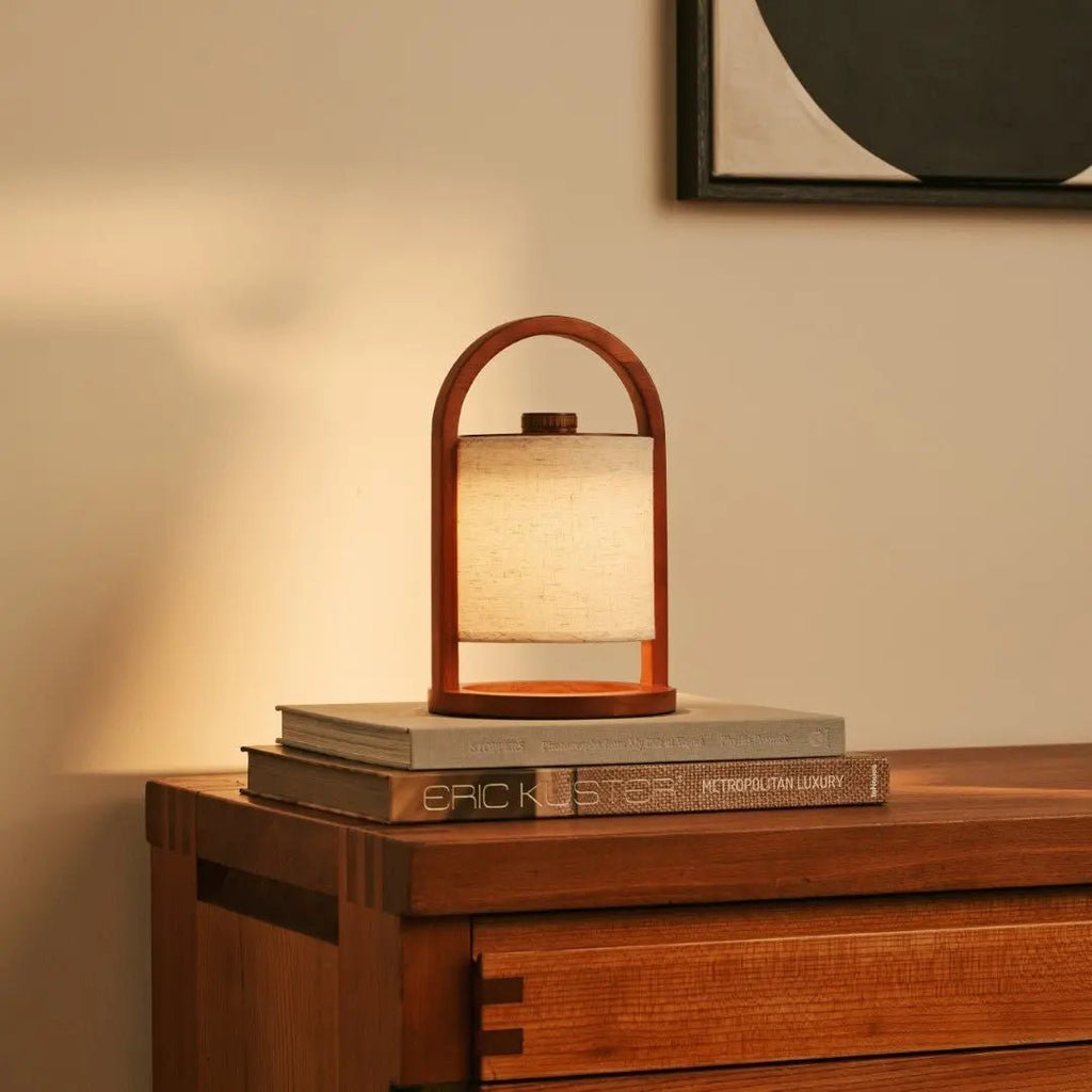 River Chestnut Brown Wooden Rechargeable Lamp | Linen Blend, Versatile & Up to 100 Hours of Battery Life - LUXONAS HOME