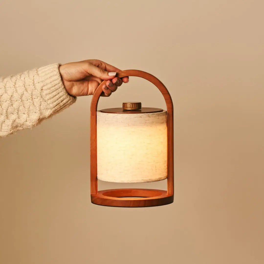 River Chestnut Brown Wooden Rechargeable Lamp | Linen Blend, Versatile & Up to 100 Hours of Battery Life - LUXONAS HOME