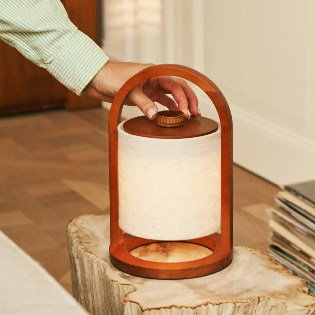 River Chestnut Brown Wooden Rechargeable Lamp | Linen Blend, Versatile & Up to 100 Hours of Battery Life - LUXONAS HOME