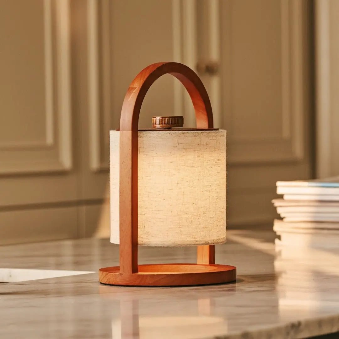 River Chestnut Brown Wooden Rechargeable Lamp | Linen Blend, Versatile & Up to 100 Hours of Battery Life - LUXONAS HOME
