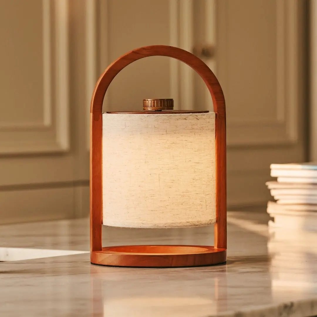 River Chestnut Brown Wooden Rechargeable Lamp | Linen Blend, Versatile & Up to 100 Hours of Battery Life - LUXONAS HOME