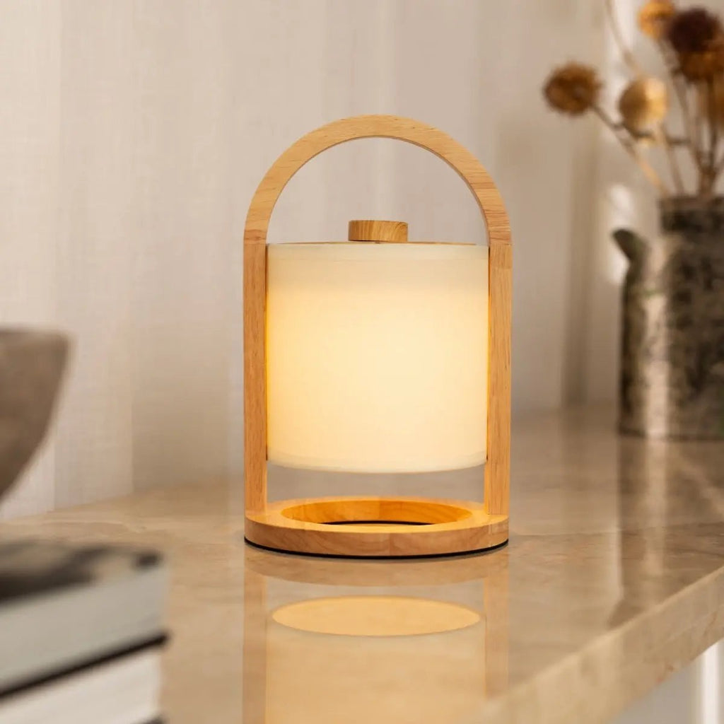 River Light Brown Wooden Rechargeable Lamp | Linen Blend, Versatile & Up to 100 Hours of Battery Life - LUXONAS HOME