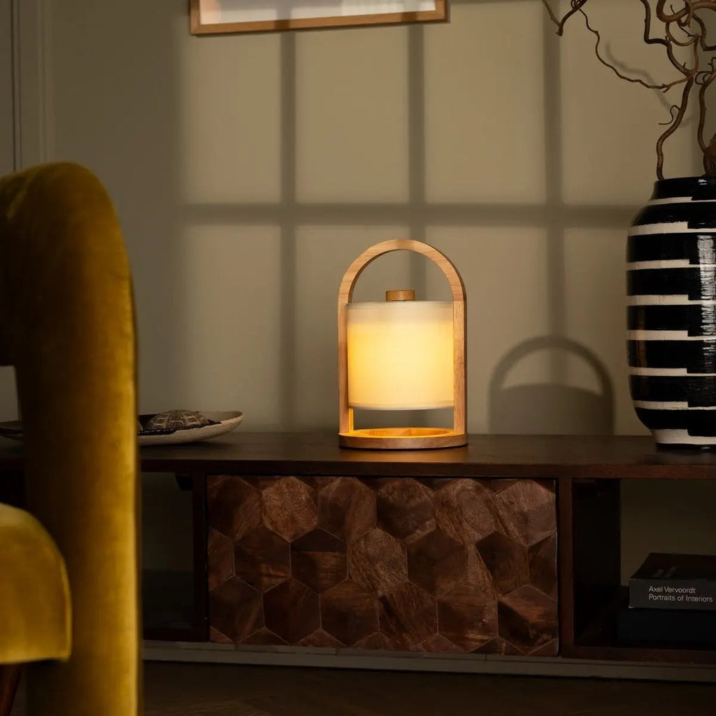 River Light Brown Wooden Rechargeable Lamp | Linen Blend, Versatile & Up to 100 Hours of Battery Life - LUXONAS HOME
