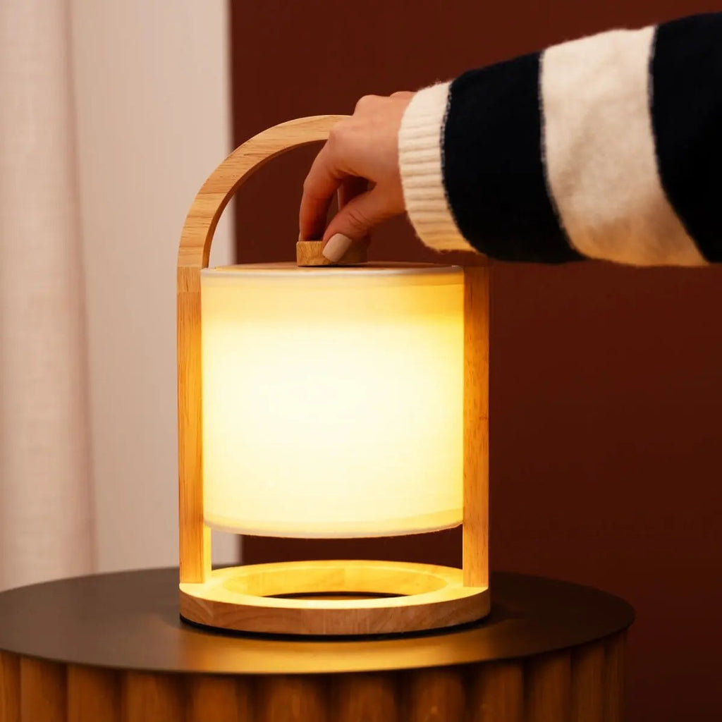 River Light Brown Wooden Rechargeable Lamp | Linen Blend, Versatile & Up to 100 Hours of Battery Life - LUXONAS HOME