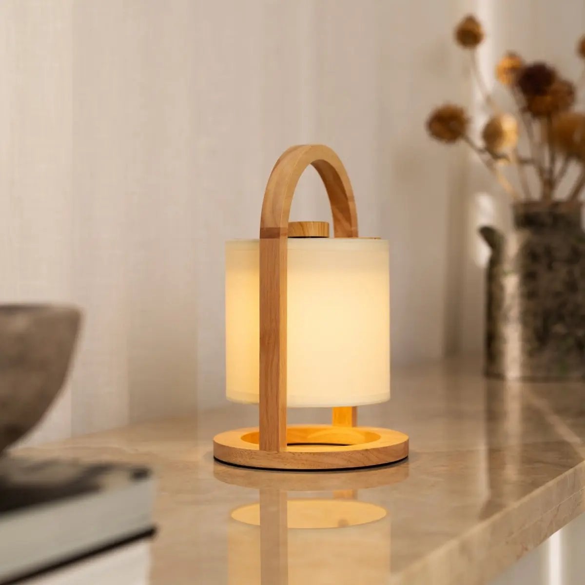 River Light Brown Wooden Rechargeable Lamp | Linen Blend, Versatile & Up to 100 Hours of Battery Life - LUXONAS HOME