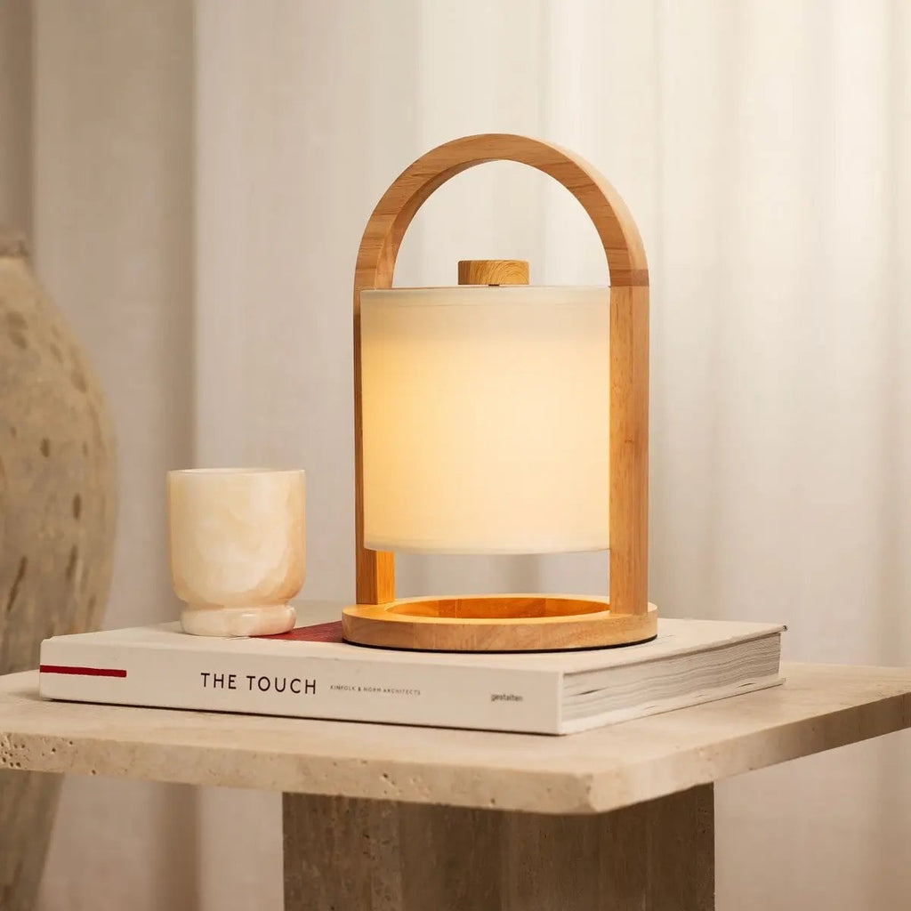 River Light Brown Wooden Rechargeable Lamp | Linen Blend, Versatile & Up to 100 Hours of Battery Life - LUXONAS HOME
