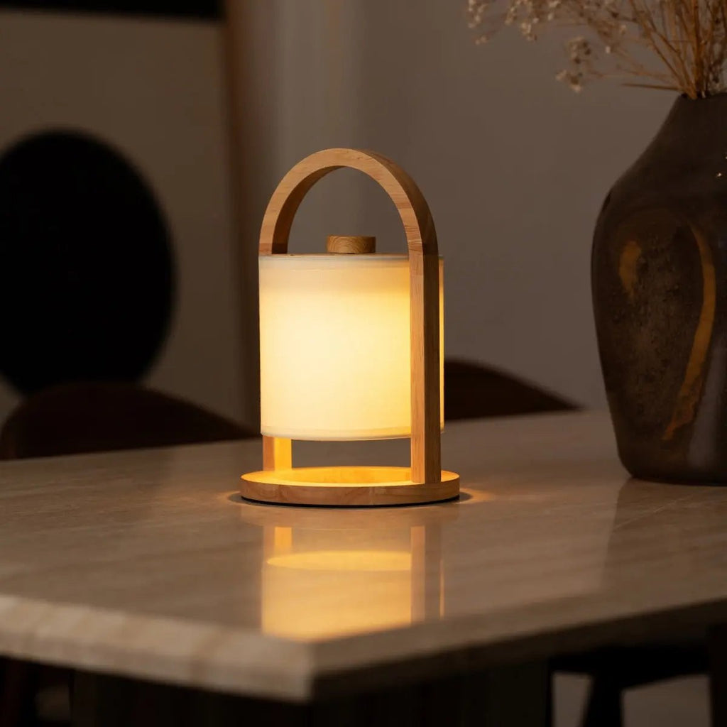 River Light Brown Wooden Rechargeable Lamp | Linen Blend, Versatile & Up to 100 Hours of Battery Life - LUXONAS HOME