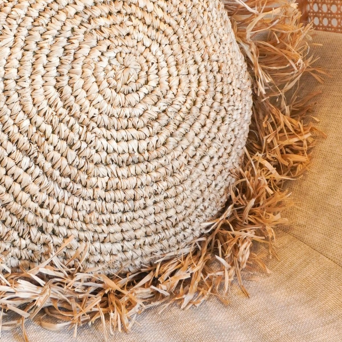 Round Boho Cushion with Fringes, Decorative Cushion Ø40/50 cm, Throw Pillow made from Raffia, Sofa Cushion with Filling TARAKAN beige - LUXONAS HOME