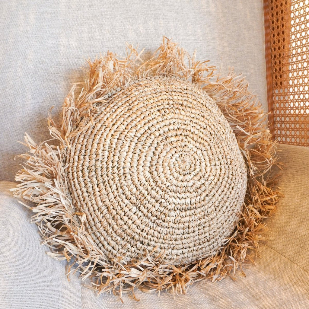 Round Boho Cushion with Fringes, Decorative Cushion Ø40/50 cm, Throw Pillow made from Raffia, Sofa Cushion with Filling TARAKAN beige - LUXONAS HOME