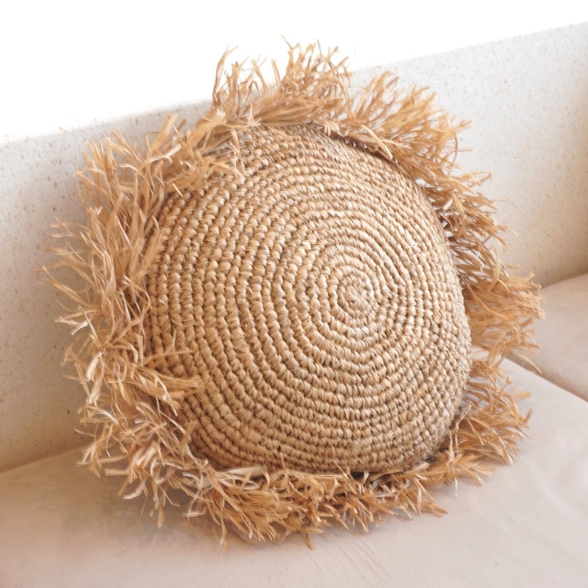 Round Boho Cushion with Fringes, Decorative Cushion Ø40/50 cm, Throw Pillow made from Raffia, Sofa Cushion with Filling TARAKAN beige - LUXONAS HOME