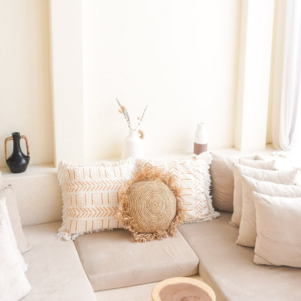 Round Boho Cushion with Fringes, Decorative Cushion Ø40/50 cm, Throw Pillow made from Raffia, Sofa Cushion with Filling TARAKAN beige - LUXONAS HOME