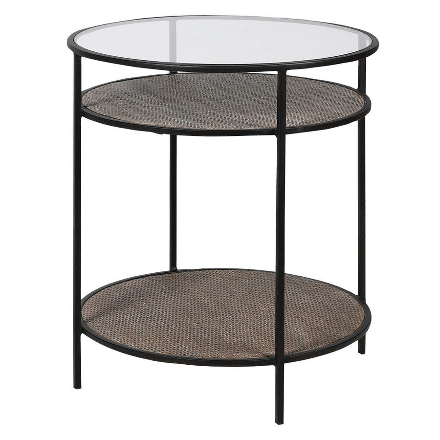 Round Glass Top Side Table with Rattan Shelf and Iron Frame