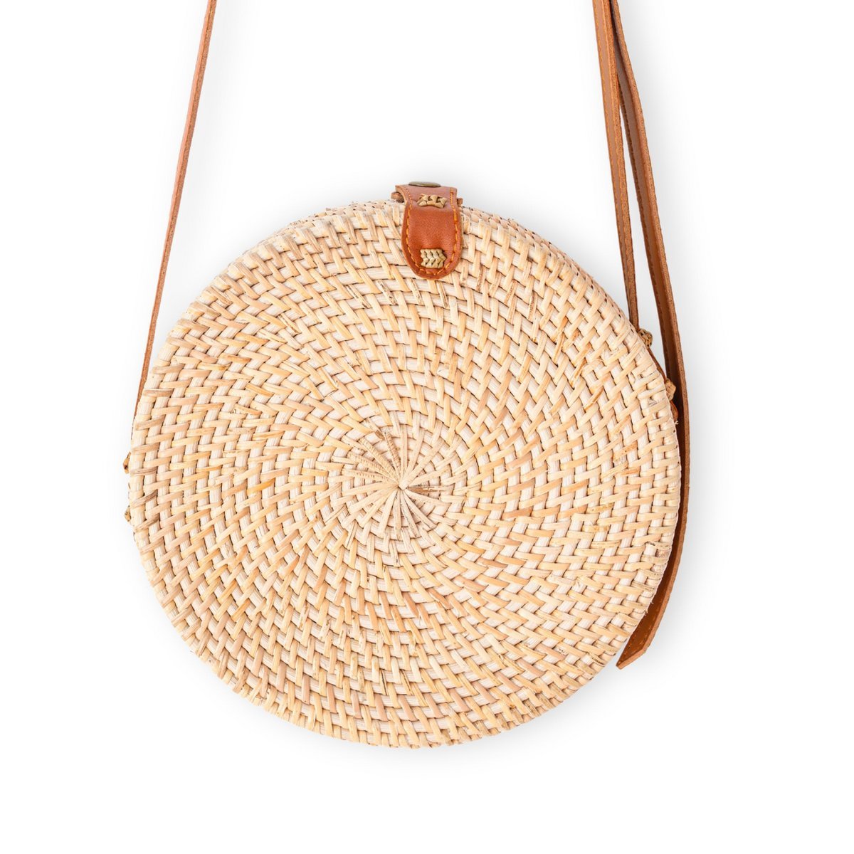Round Rattan Bag Beige Handmade Crossbody Bag with Synthetic Leather Straps Shoulder Bag Boho Bali Bag SENJA (natural) - LUXONAS HOME