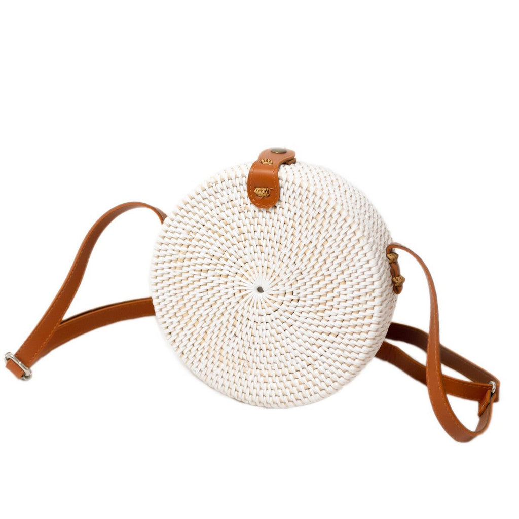 Round Rattan Bag White Handmade Crossbody Bag with Synthetic Leather Straps Shoulder Bag Boho Bali Bag SENJA (white) - LUXONAS HOME