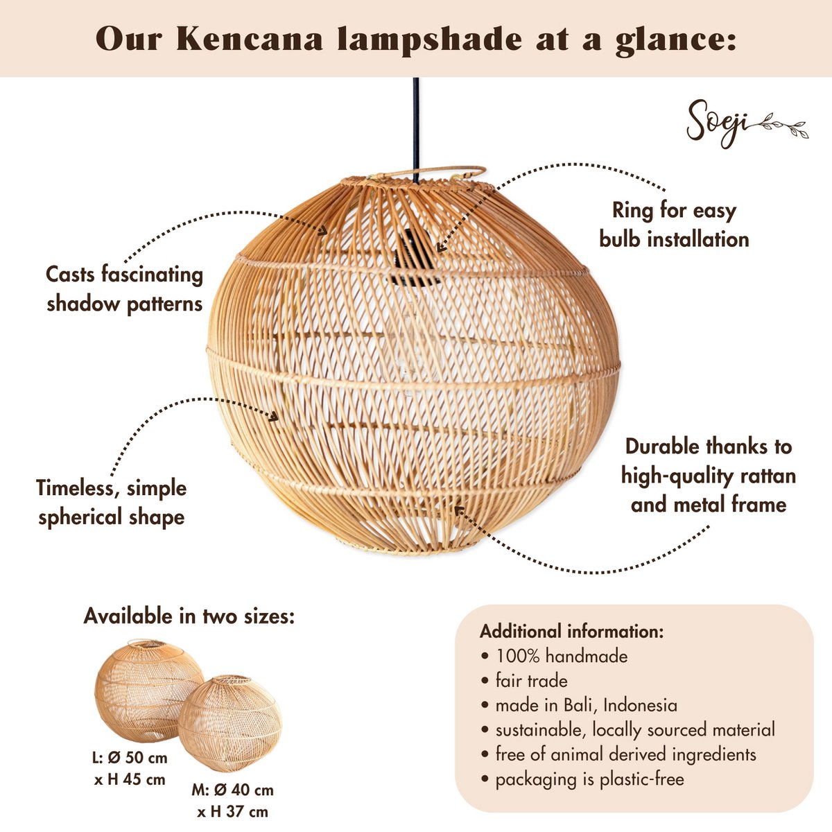 Round Rattan Lampshade – Boho Pendant Light Modern – Handmade Ceiling Lamp – Spherical Natural Hanging Lamp (Ø 40/50 cm) KENCANA - LUXONAS HOME