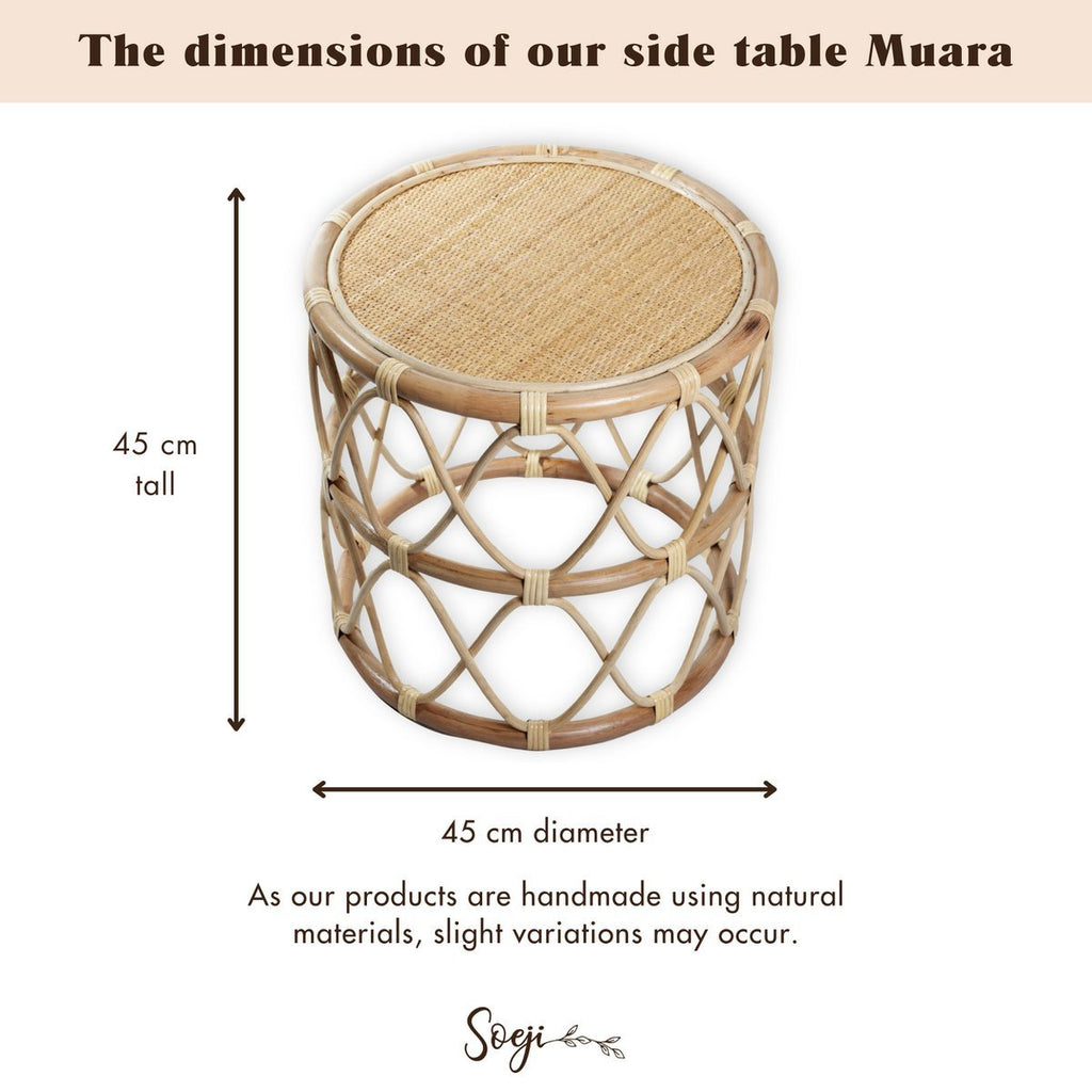 Round Rattan Side Table – Small Boho Coffee Table – Bedside Table Rattan Beige – Handmade Table Made of Natural Rattan (Ø 45 cm) MUARA - LUXONAS HOME