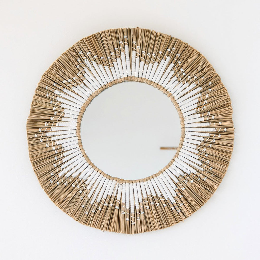 Round Wall Mirror Made of Seagrass – Boho Hanging Mirror – Wall Mirror with Fringes and Pattern Made of White Cotton (Ø 60 cm) RANDU - LUXONAS HOME