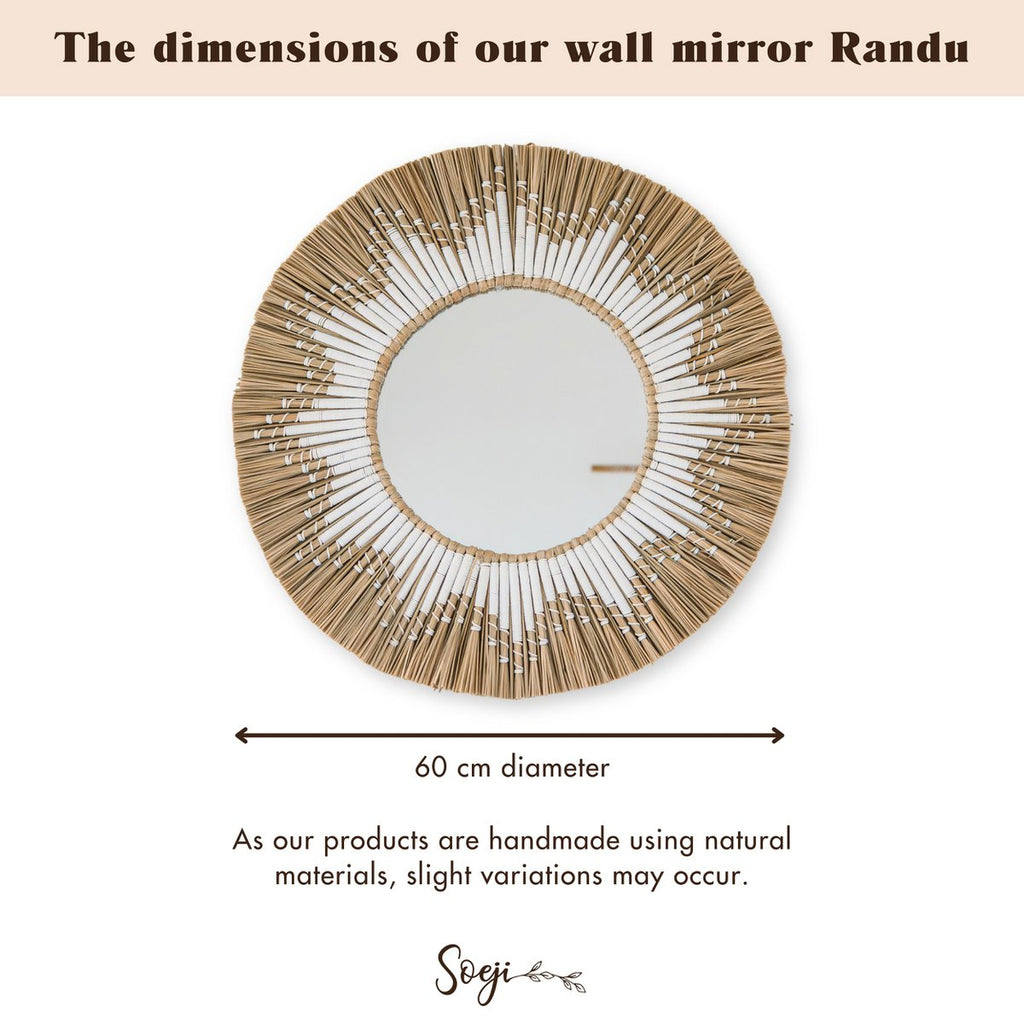 Round Wall Mirror Made of Seagrass – Boho Hanging Mirror – Wall Mirror with Fringes and Pattern Made of White Cotton (Ø 60 cm) RANDU - LUXONAS HOME