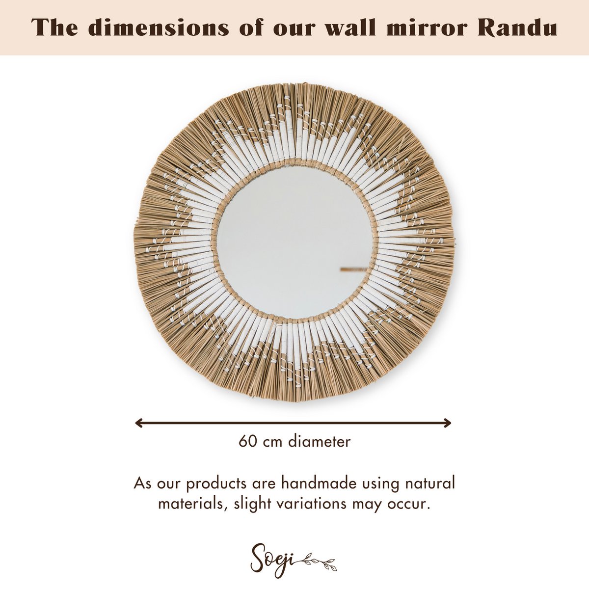 Round Wall Mirror Made of Seagrass – Boho Hanging Mirror – Wall Mirror with Fringes and Pattern Made of White Cotton (Ø 60 cm) RANDU - LUXONAS HOME