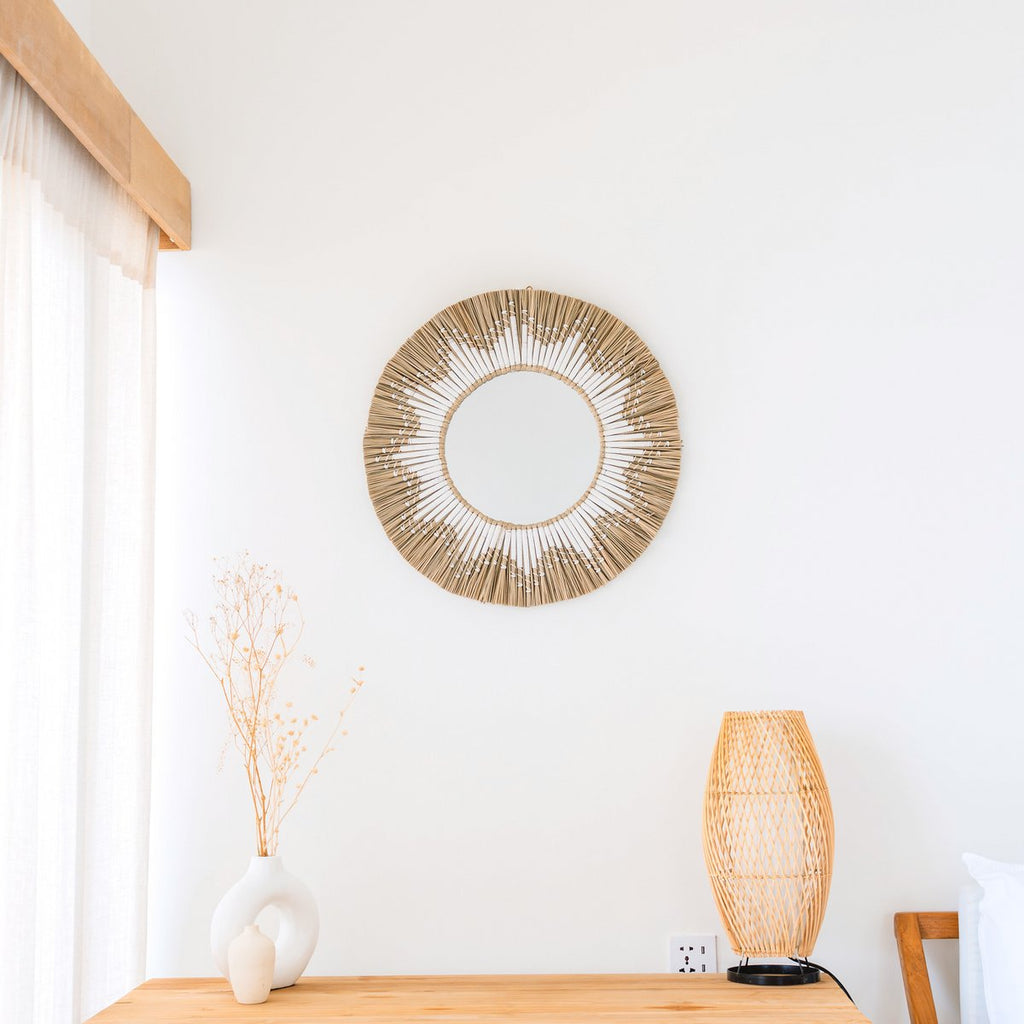 Round Wall Mirror Made of Seagrass – Boho Hanging Mirror – Wall Mirror with Fringes and Pattern Made of White Cotton (Ø 60 cm) RANDU - LUXONAS HOME