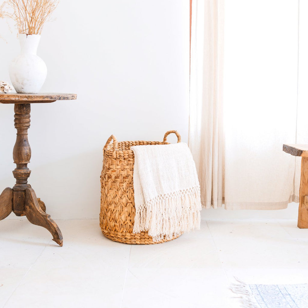 Round Woven Laundry Basket – Boho Plant Basket – Laundry Hamper Brown – Large Basket Made of Water Hyacinth RAJA (3 sizes Ø 35/40/50 cm) - LUXONAS HOME