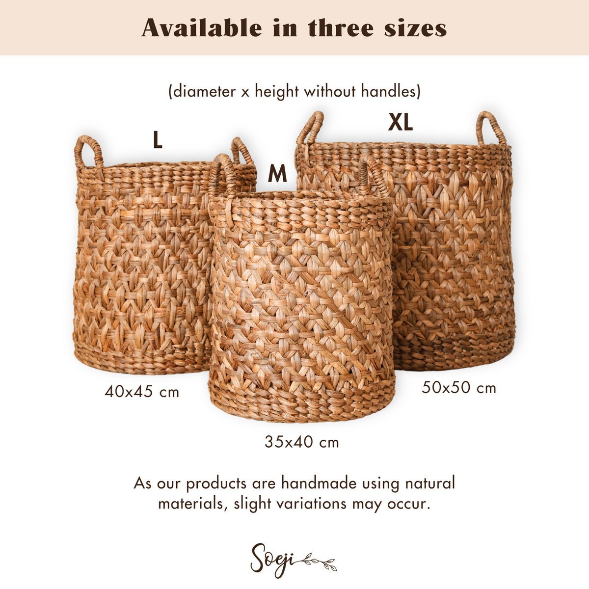 Round Woven Laundry Basket – Boho Plant Basket – Laundry Hamper Brown – Large Basket Made of Water Hyacinth RAJA (3 sizes Ø 35/40/50 cm) - LUXONAS HOME