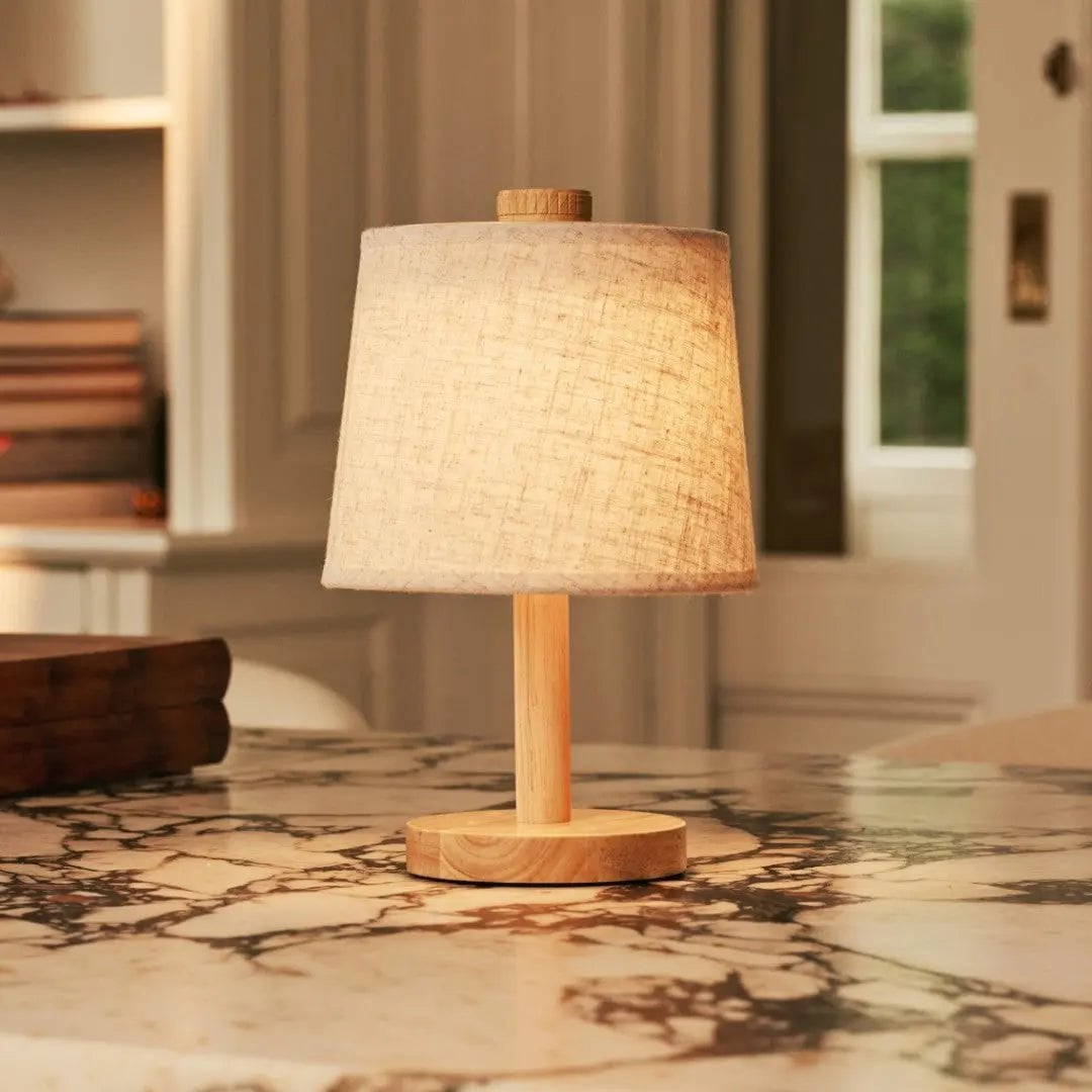 Rover Light Brown Wooden Rechargeable Lamp | Cordless, Dimmable & Linen Blend - LUXONAS HOME