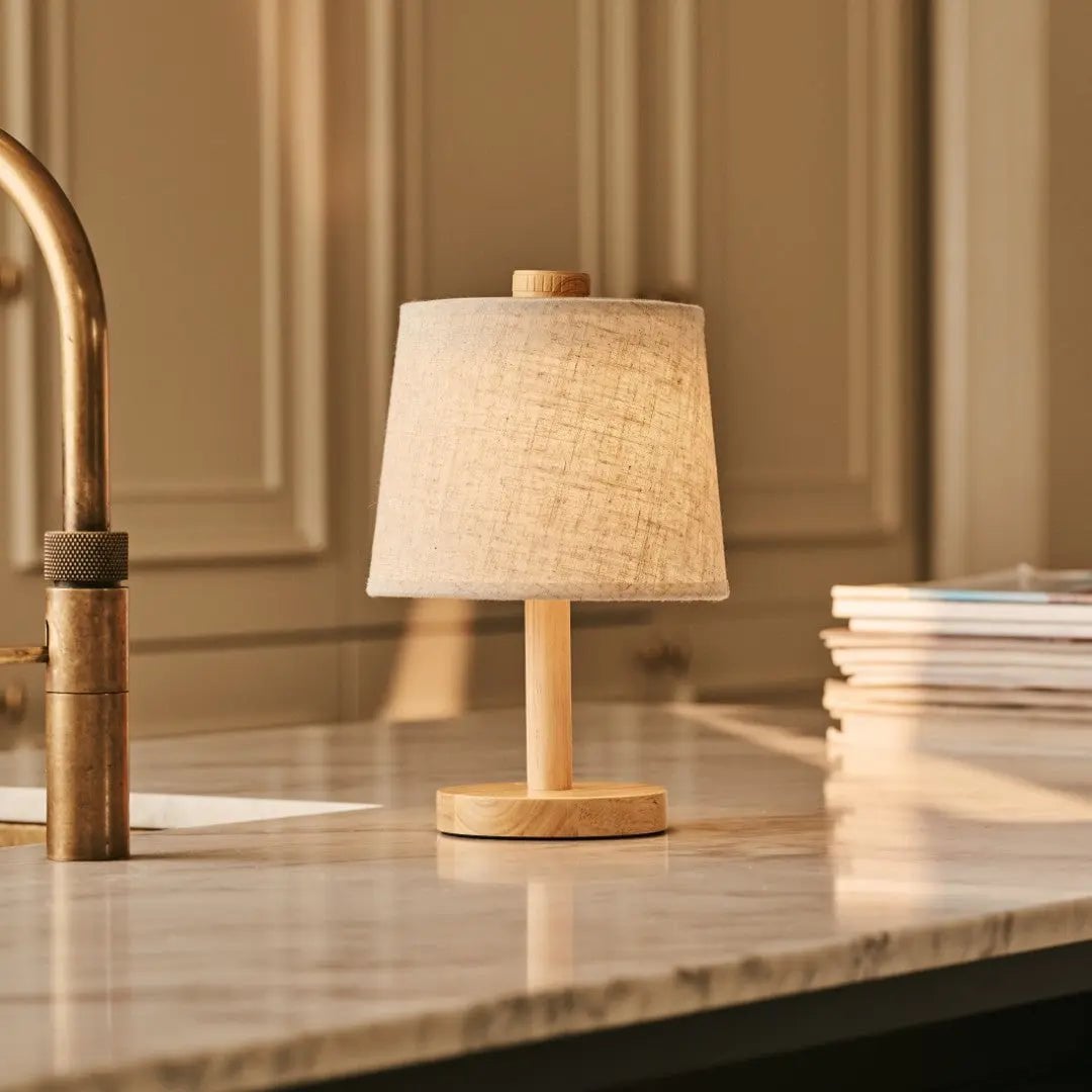 Rover Light Brown Wooden Rechargeable Lamp | Cordless, Dimmable & Linen Blend - LUXONAS HOME