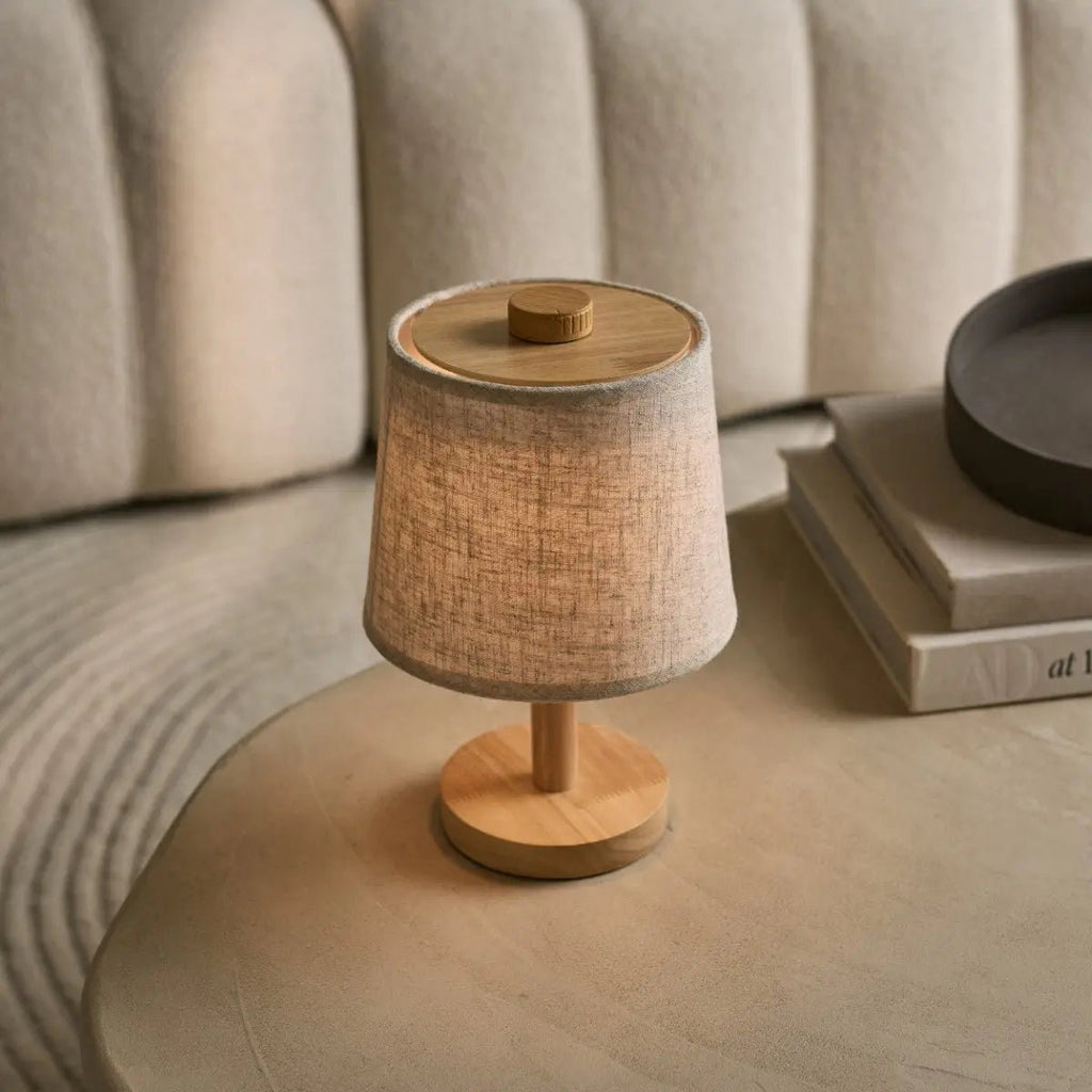 Rover Light Brown Wooden Rechargeable Lamp | Cordless, Dimmable & Linen Blend - LUXONAS HOME