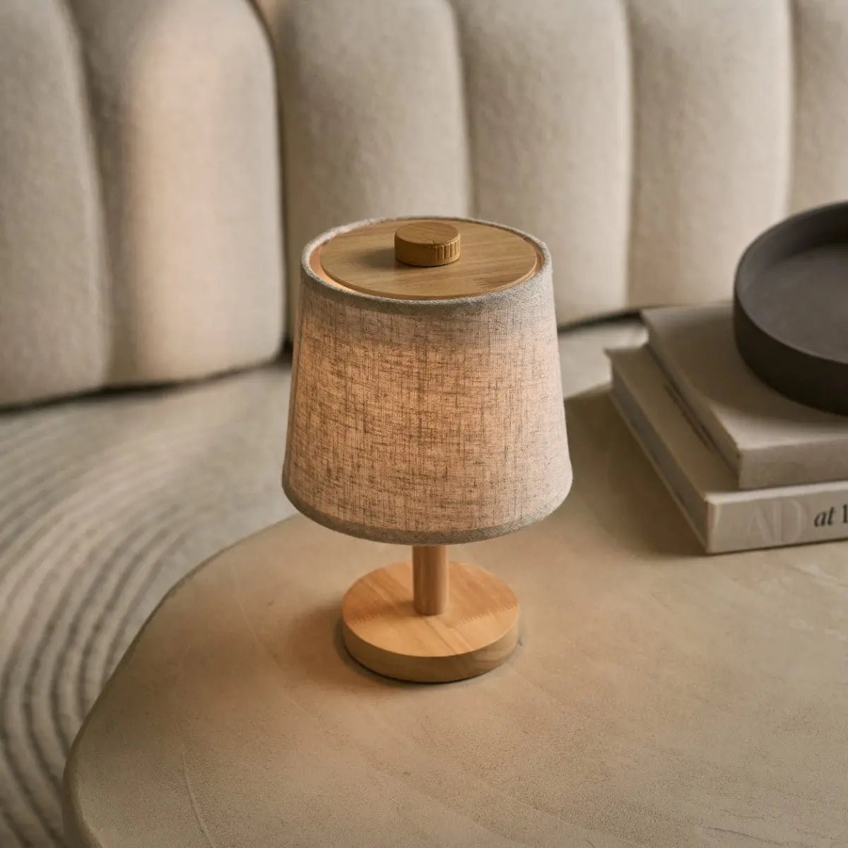 Rover Light Brown Wooden Rechargeable Lamp | Cordless, Dimmable & Linen Blend - LUXONAS HOME